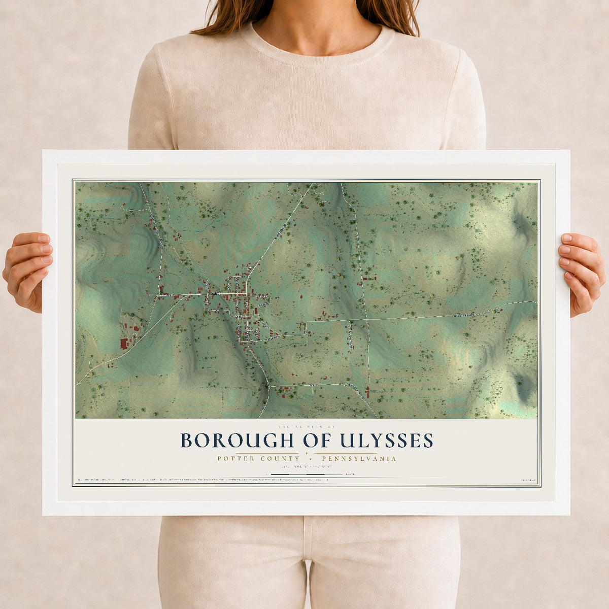 Map of the Borough of Ulysses, Potter County, Pennsylvania, 12 x 18 inch print in a white wood frame