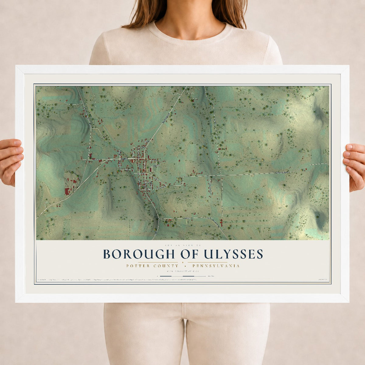 Map of the Borough of Ulysses, Potter County, Pennsylvania, 18 x 24 inch print in a white wood frame