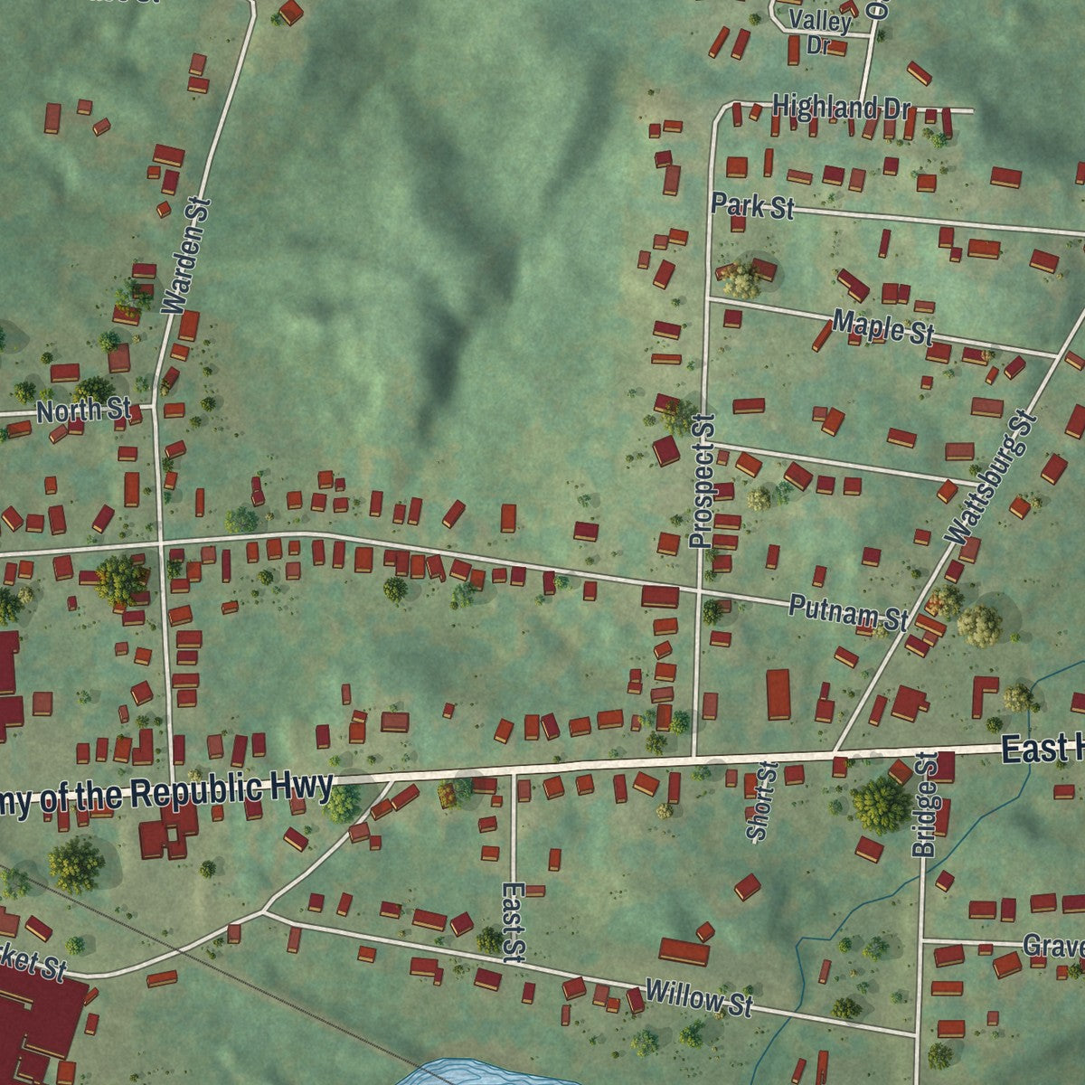 Second close-up of the map of Union City, Pennsylvania print showing more streets and buildings
