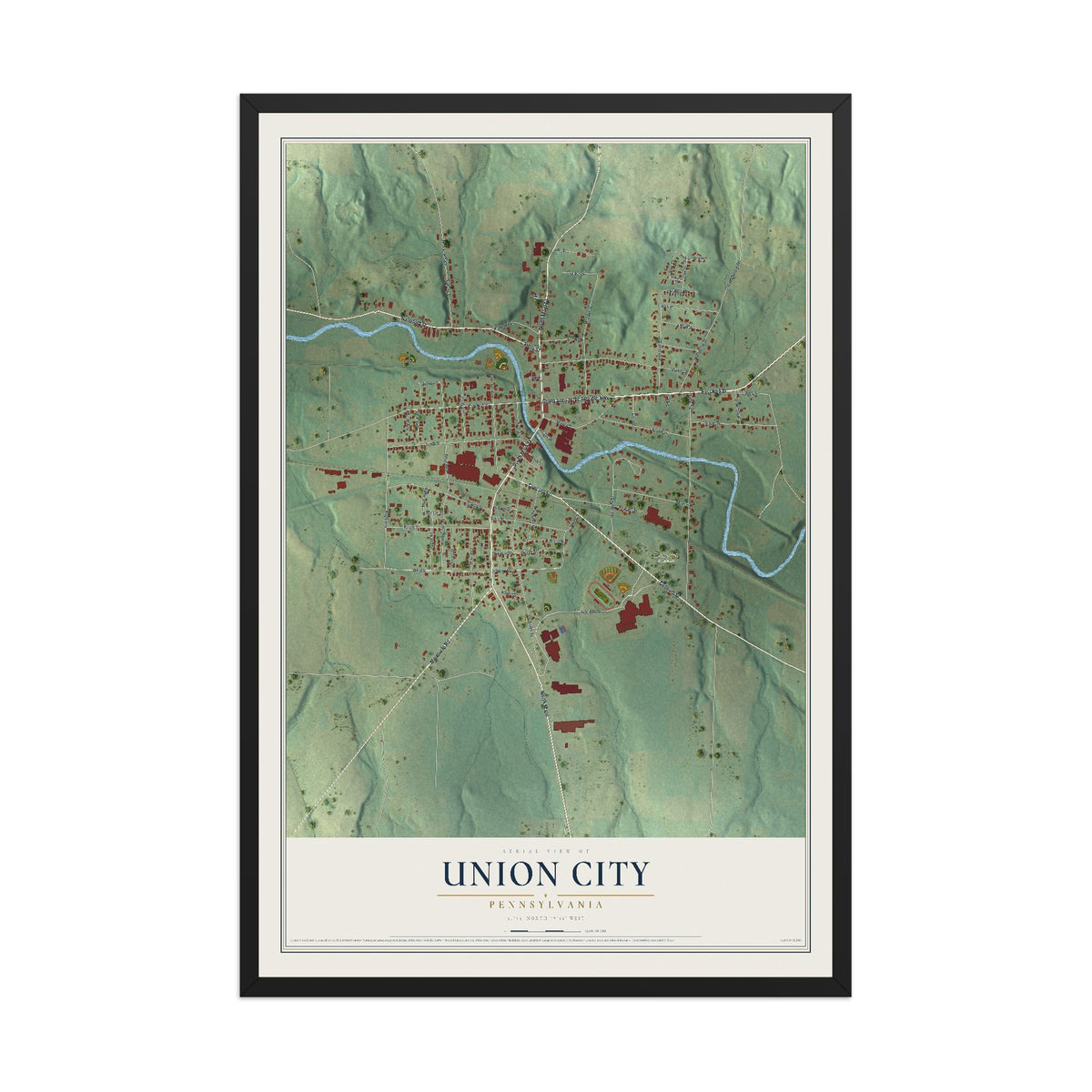 Map of Union City, Pennsylvania, 12 x 18 inch print in a black wood frame