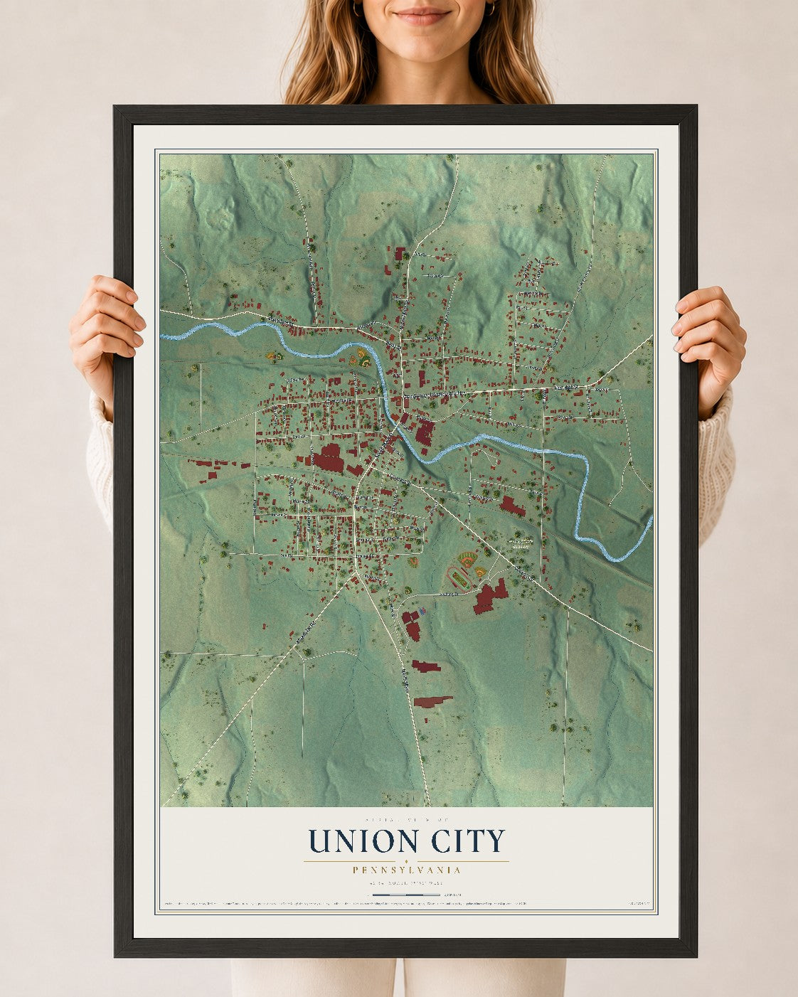 Map of Union City, Pennsylvania, 24 x 36 inch print in a black wood frame