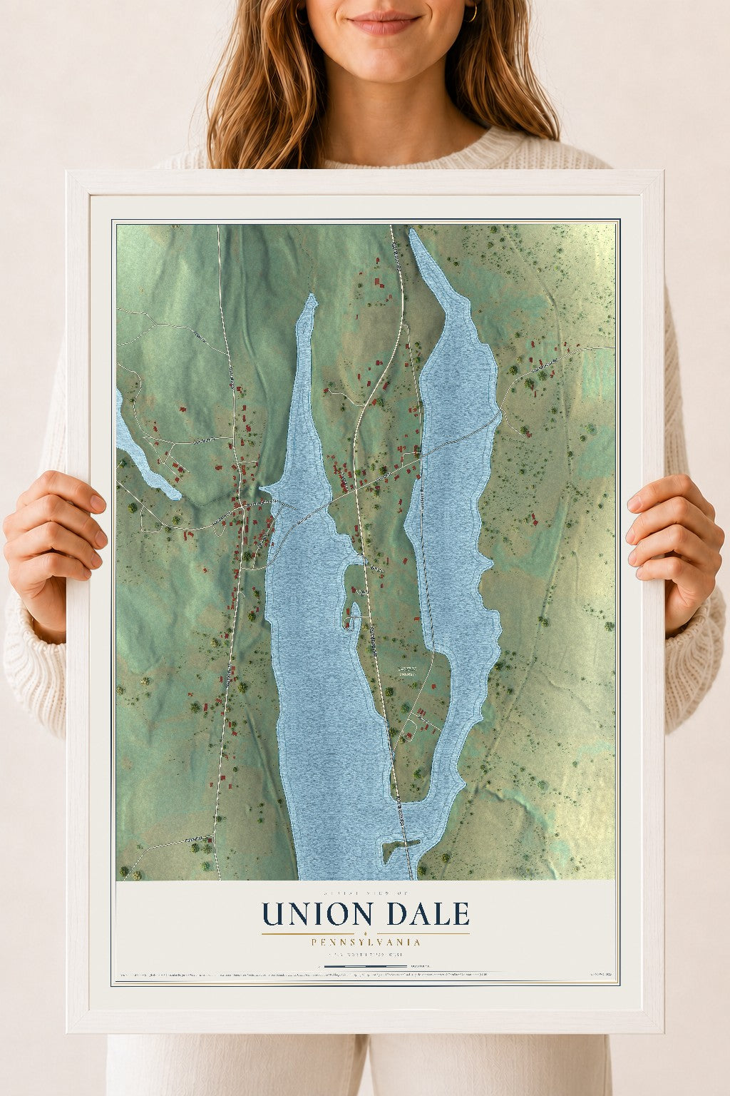 Map of Union Dale, Pennsylvania, 18 x 24 inch print in a white wood frame