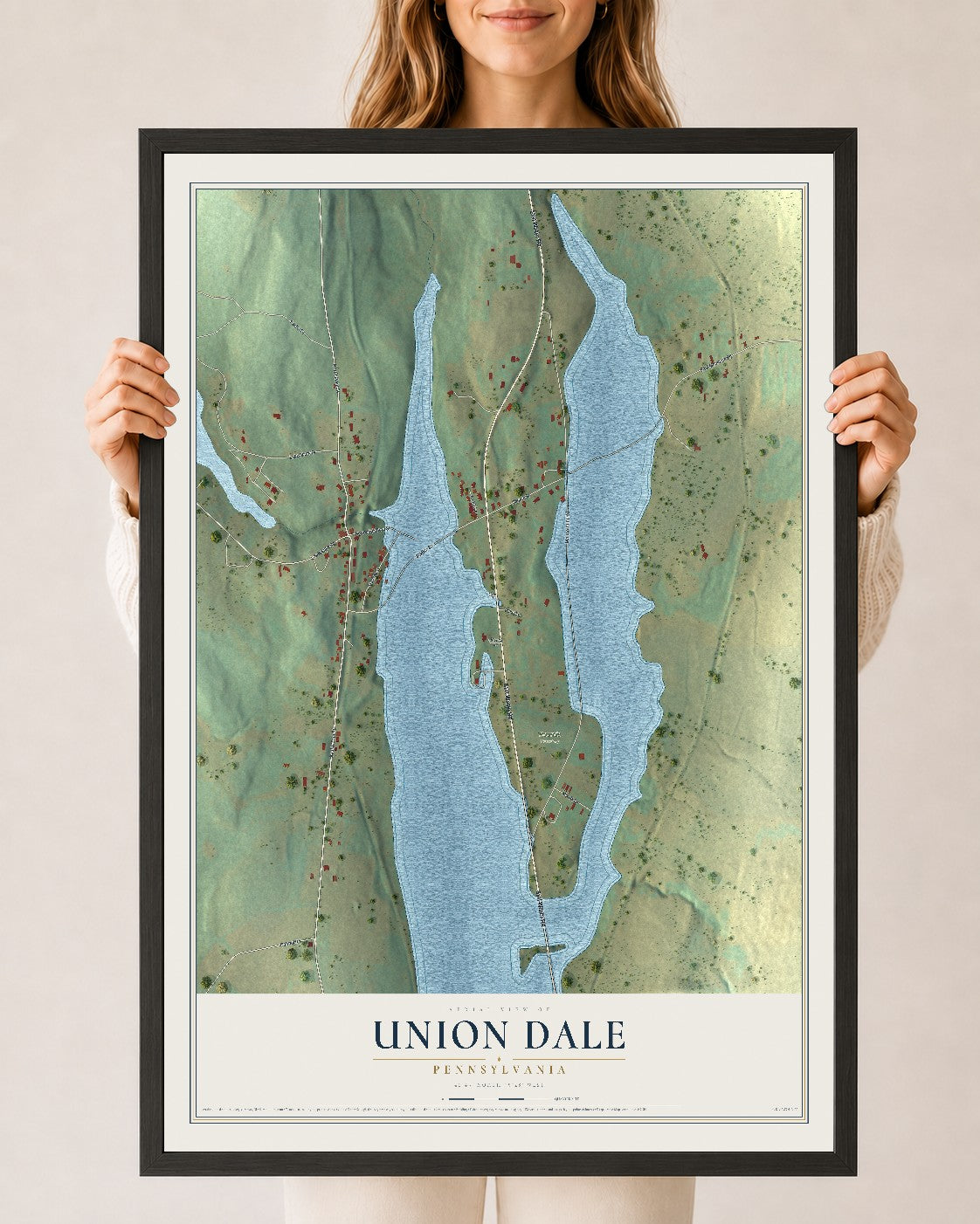 Map of Union Dale, Pennsylvania, 24 x 36 inch print in a black wood frame