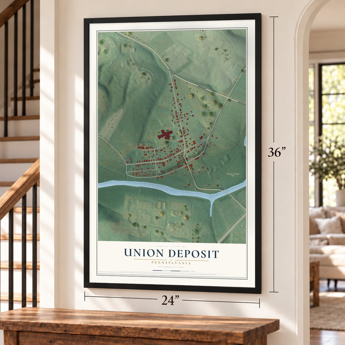 Union Deposit, Pennsylvania map, 24 x 36 inch print in a black frame by a staircase