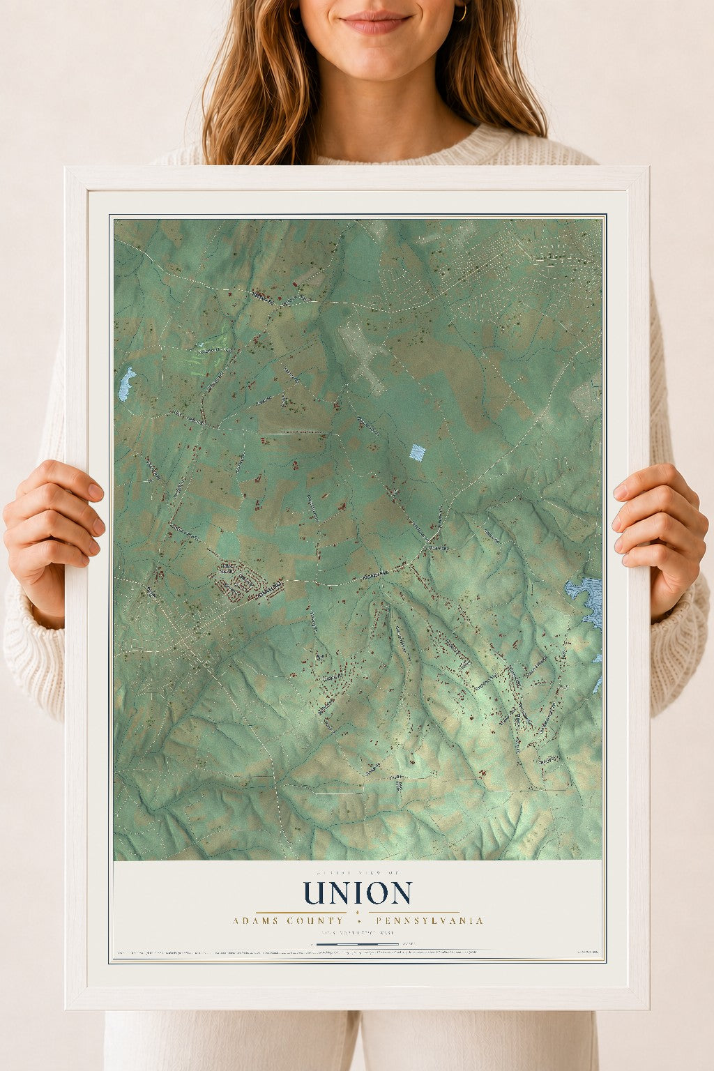 Map of Union, Adams County, Pennsylvania, 18 x 24 inch print in a white wood frame