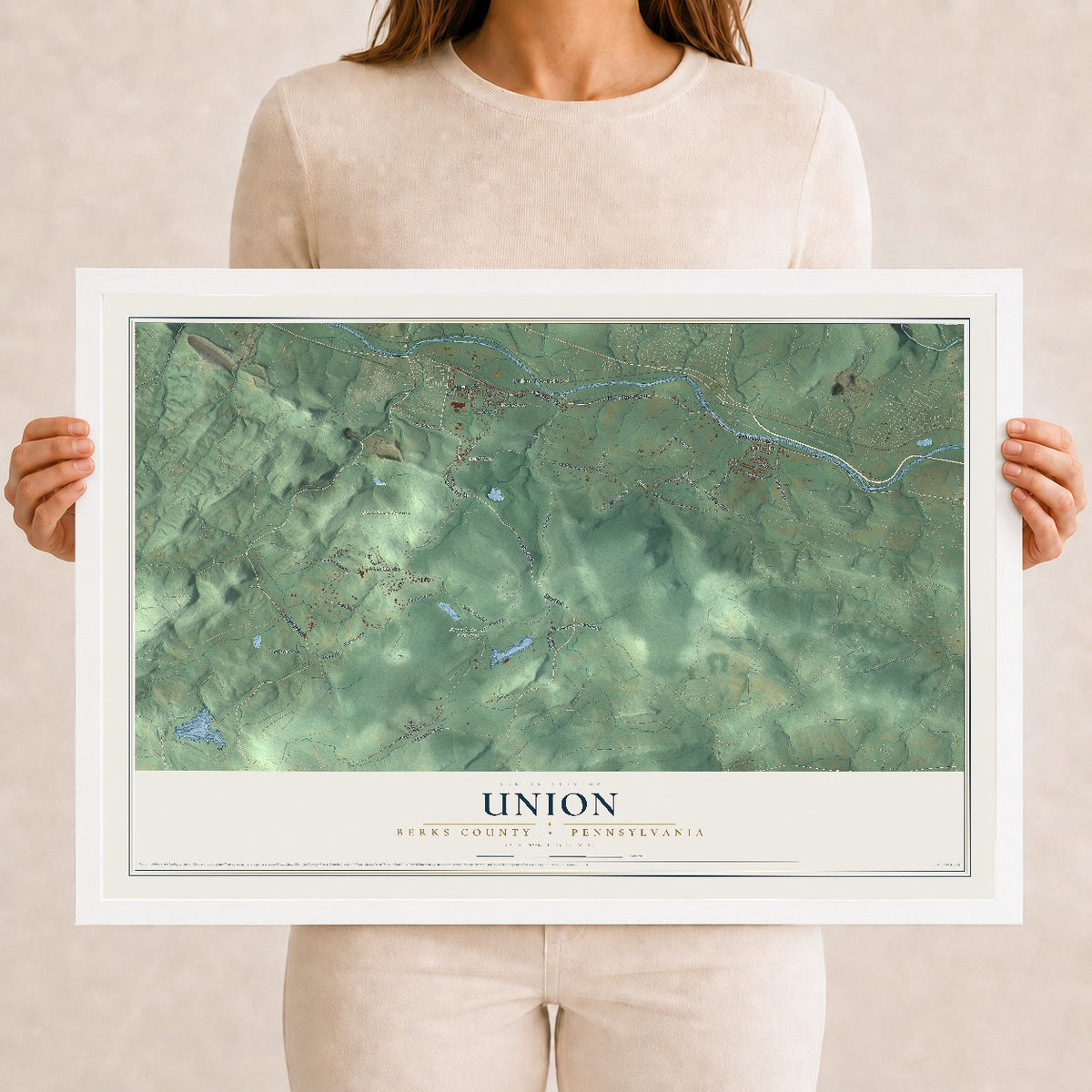 Map of Union, Berks County, Pennsylvania, 12 x 18 inch print in a white wood frame