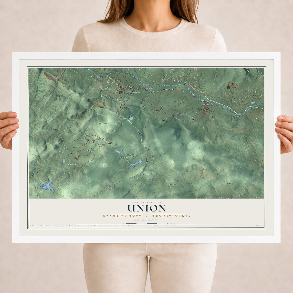 Map of Union, Berks County, Pennsylvania, 18 x 24 inch print in a white wood frame