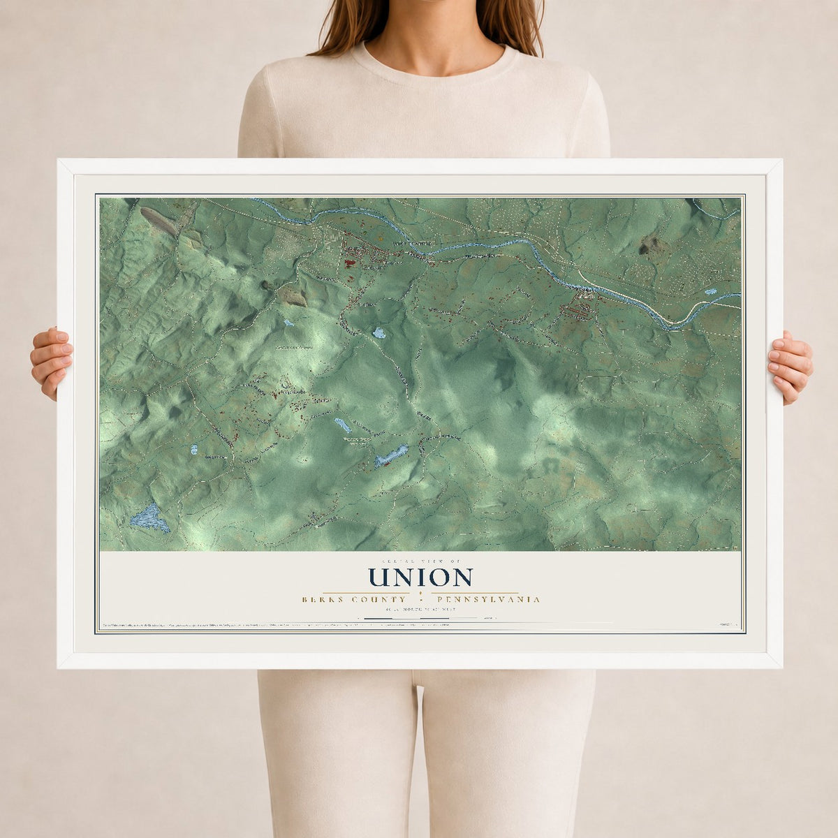 Map of Union, Berks County, Pennsylvania, 24 x 36 inch print in a white wood frame
