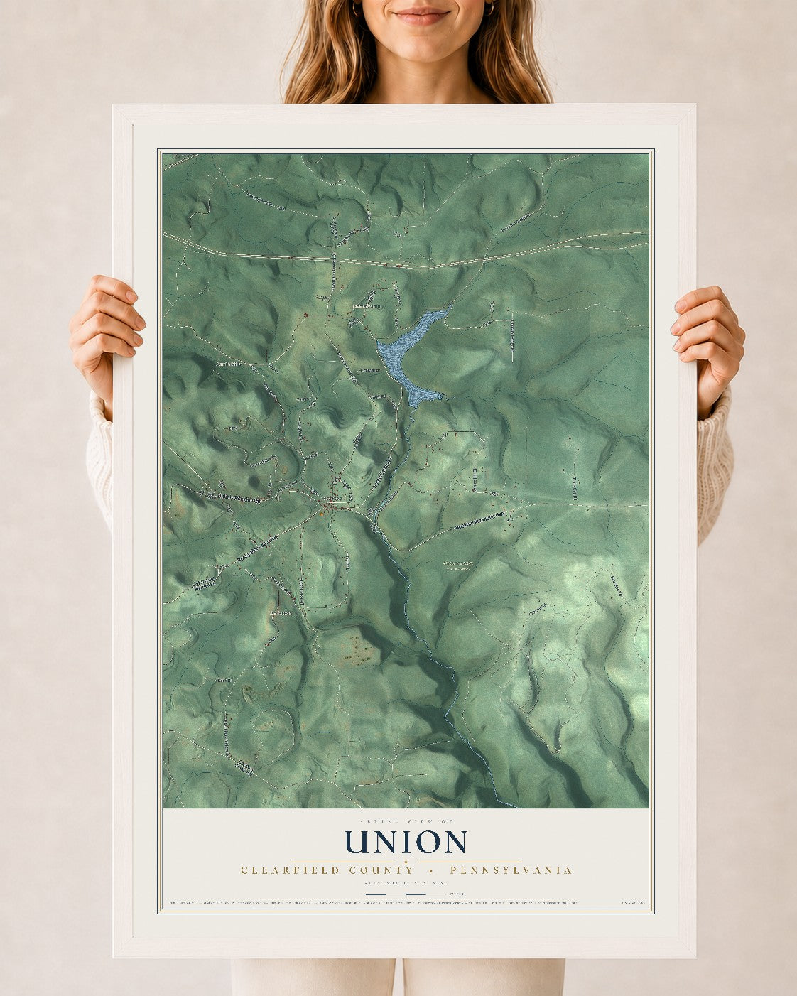 Map of Union, Clearfield County, Pennsylvania, 24 x 36 inch print in a white wood frame