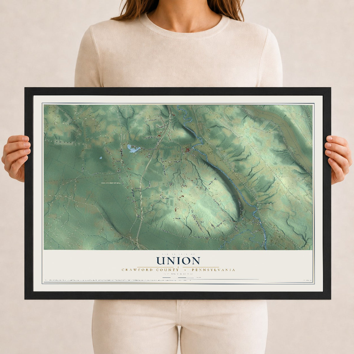 Map of Union, Crawford County, Pennsylvania, 12 x 18 inch print in a black wood frame
