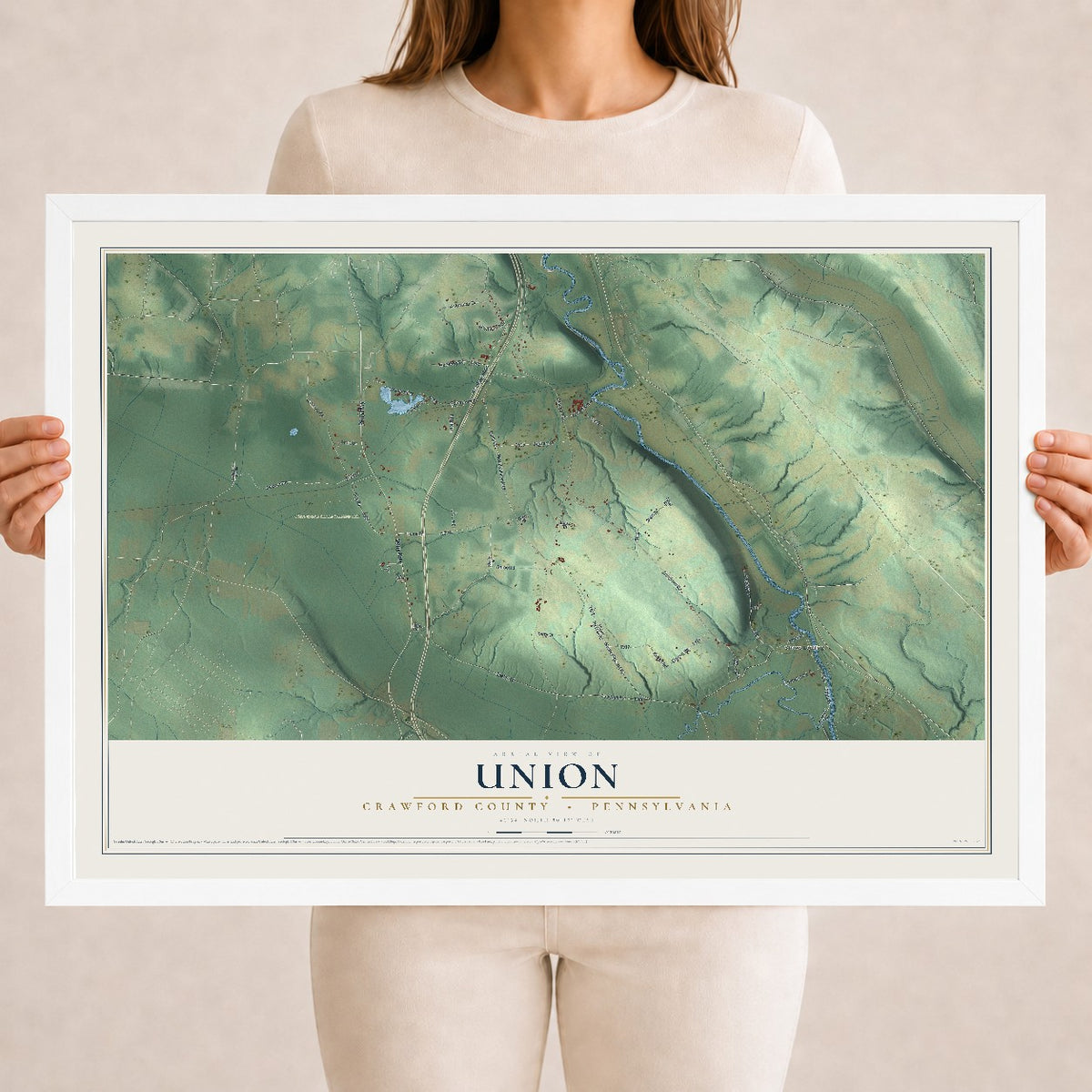 Map of Union, Crawford County, Pennsylvania, 18 x 24 inch print in a white wood frame