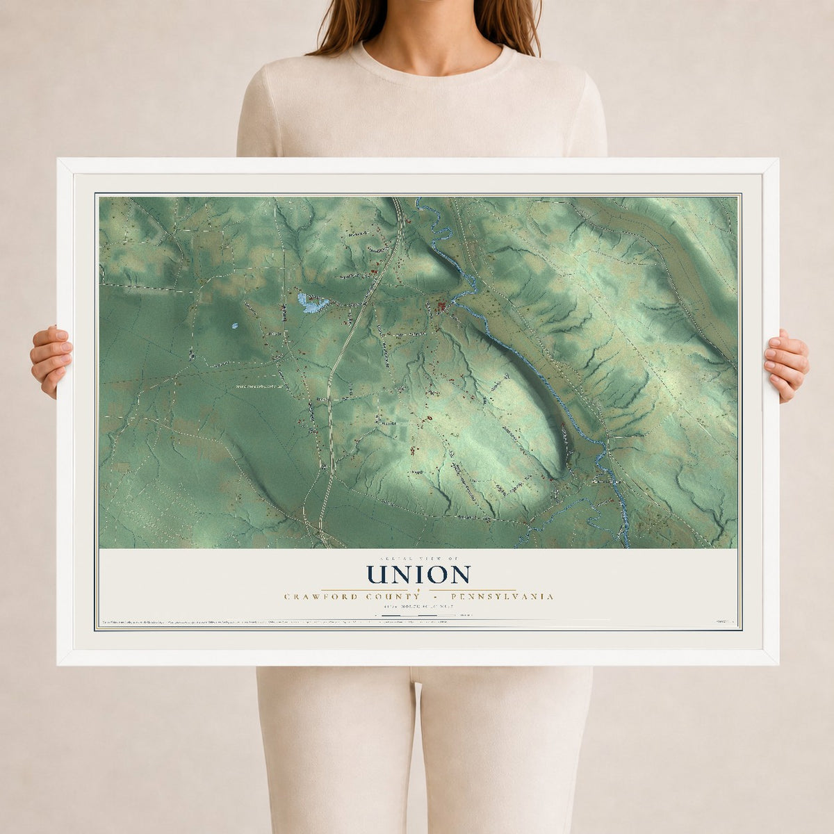 Map of Union, Crawford County, Pennsylvania, 24 x 36 inch print in a white wood frame