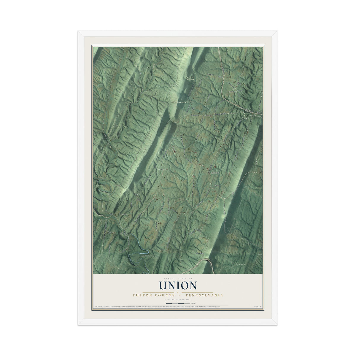 Map of Union, Fulton County, Pennsylvania, 12 x 18 inch print in a white wood frame