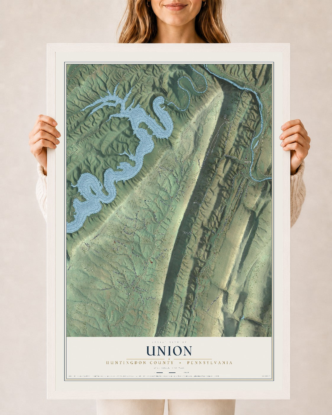 Map of Union, Huntingdon County, Pennsylvania, 24 x 36 inch print in a white wood frame