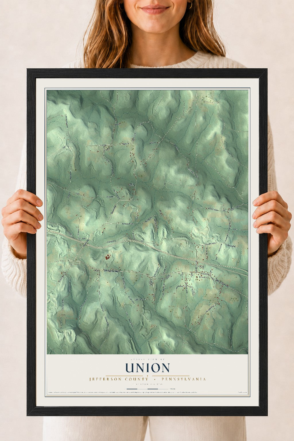 Map of Union, Jefferson County, Pennsylvania, 18 x 24 inch print in a black wood frame