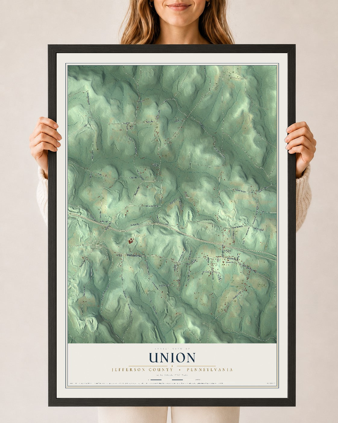 Map of Union, Jefferson County, Pennsylvania, 24 x 36 inch print in a black wood frame