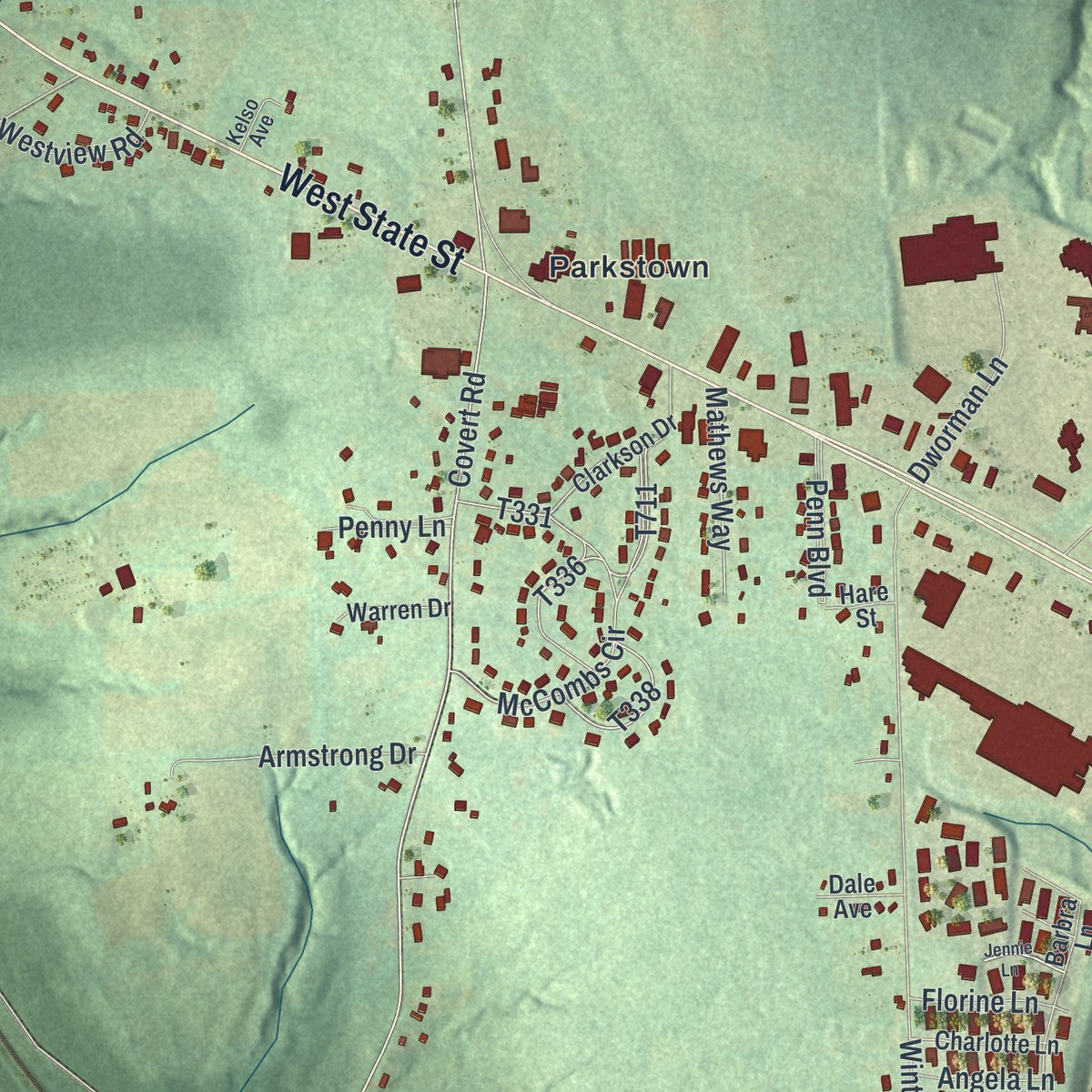 Second close-up of the map of Union, Lawrence County, Pennsylvania print showing more streets and buildings