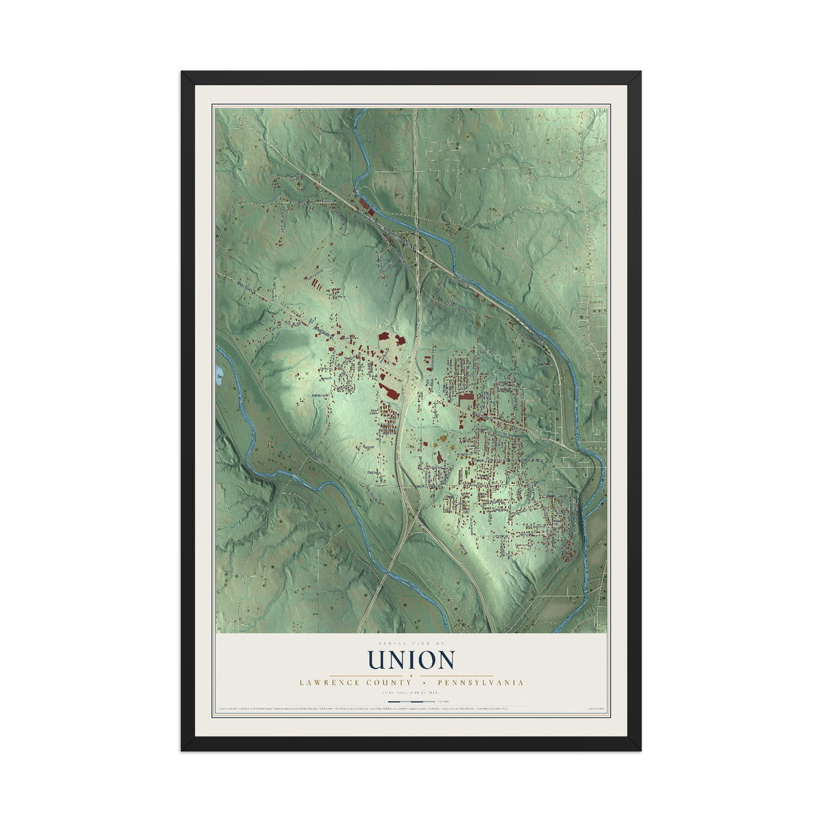 Map of Union, Lawrence County, Pennsylvania, 12 x 18 inch print in a black wood frame