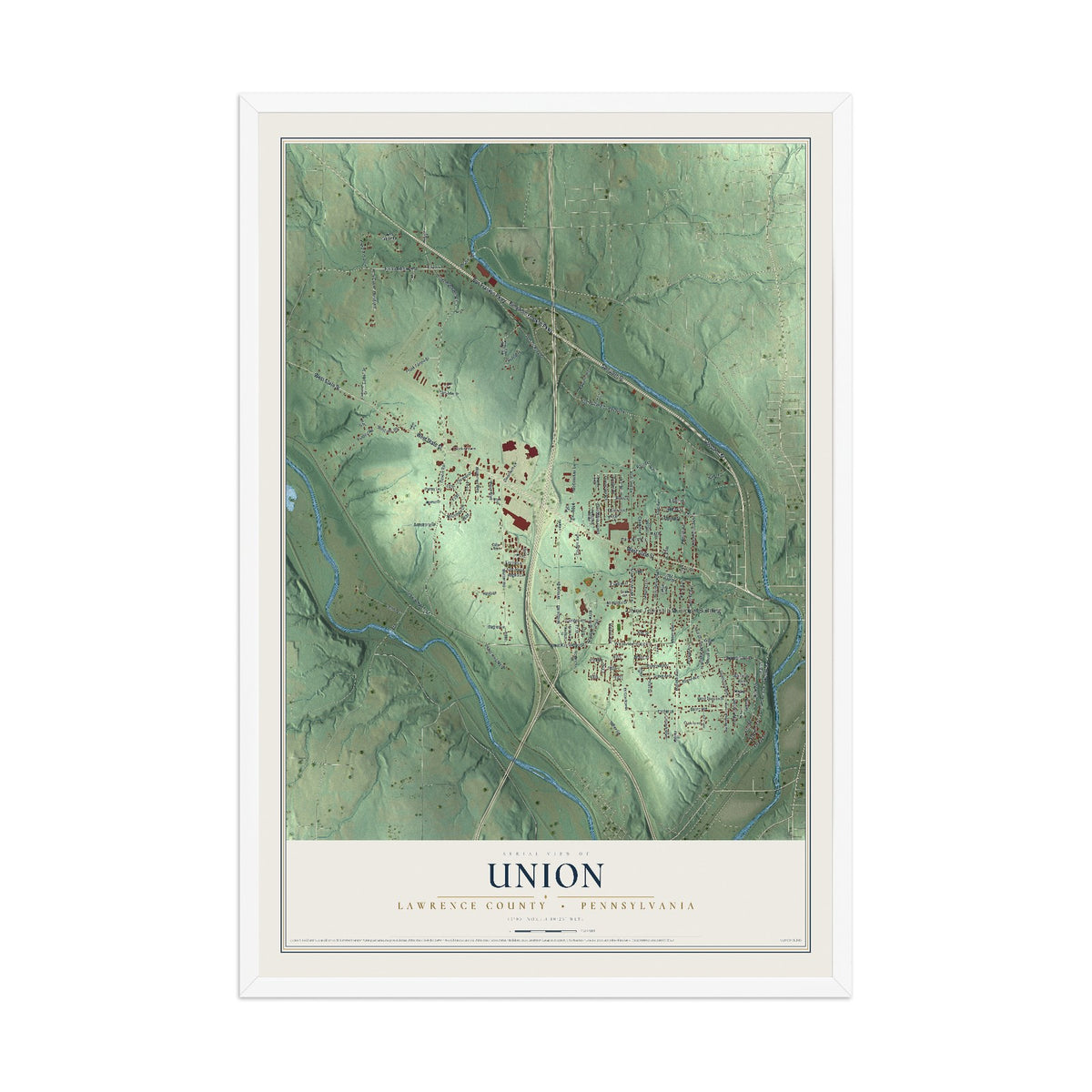Map of Union, Lawrence County, Pennsylvania, 12 x 18 inch print in a white wood frame