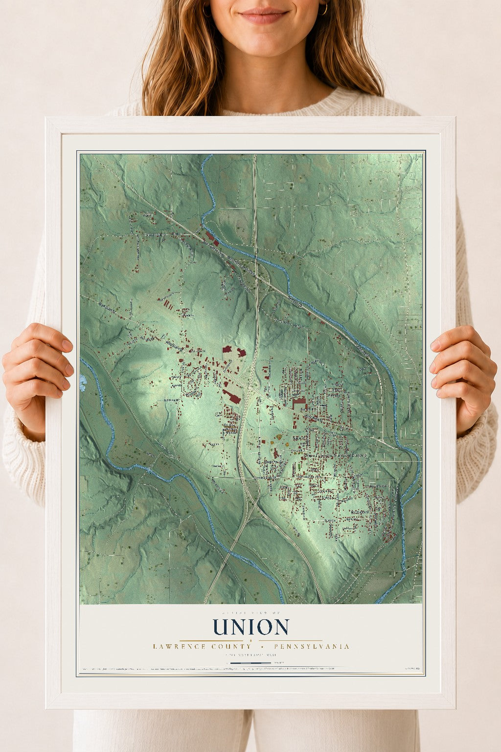 Map of Union, Lawrence County, Pennsylvania, 18 x 24 inch print in a white wood frame