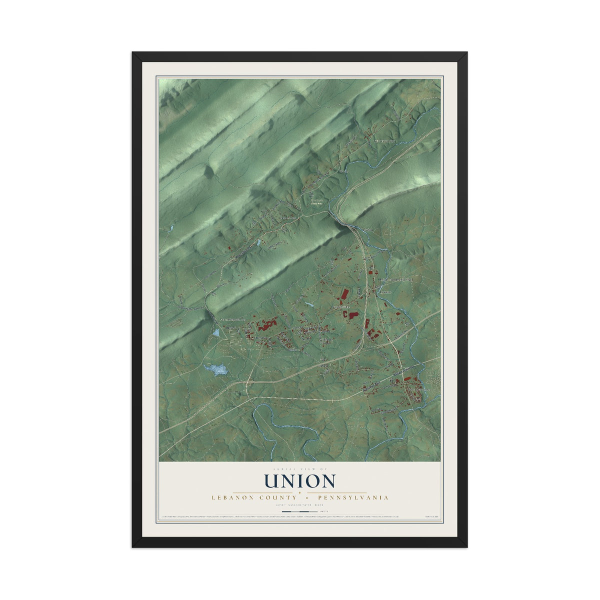 Map of Union, Lebanon County, Pennsylvania, 12 x 18 inch print in a black wood frame