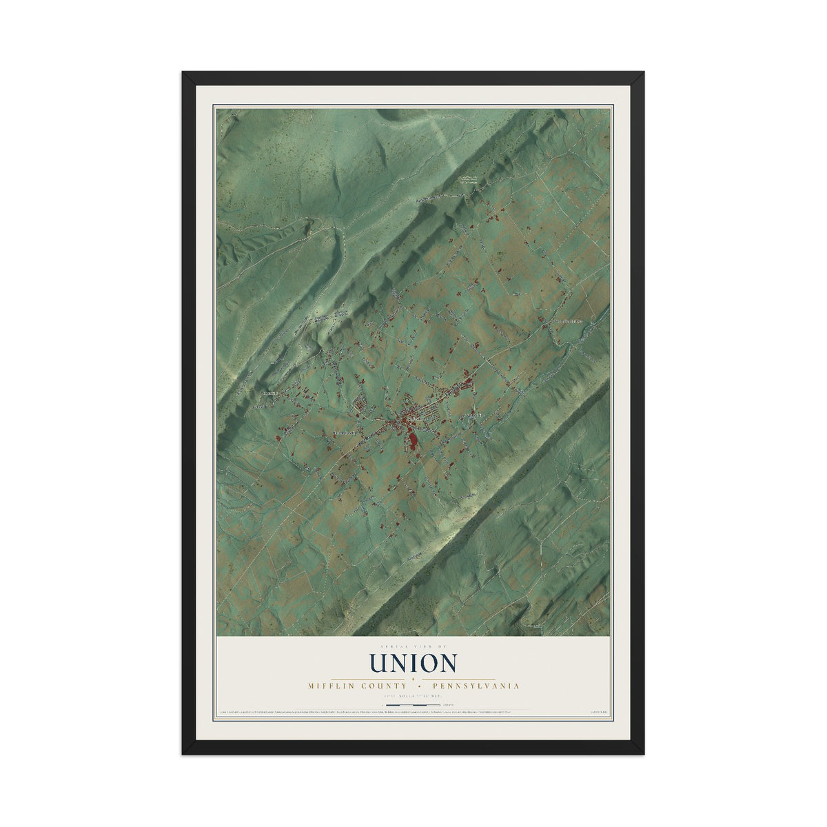 Map of Union, Mifflin County, Pennsylvania, 12 x 18 inch print in a black wood frame
