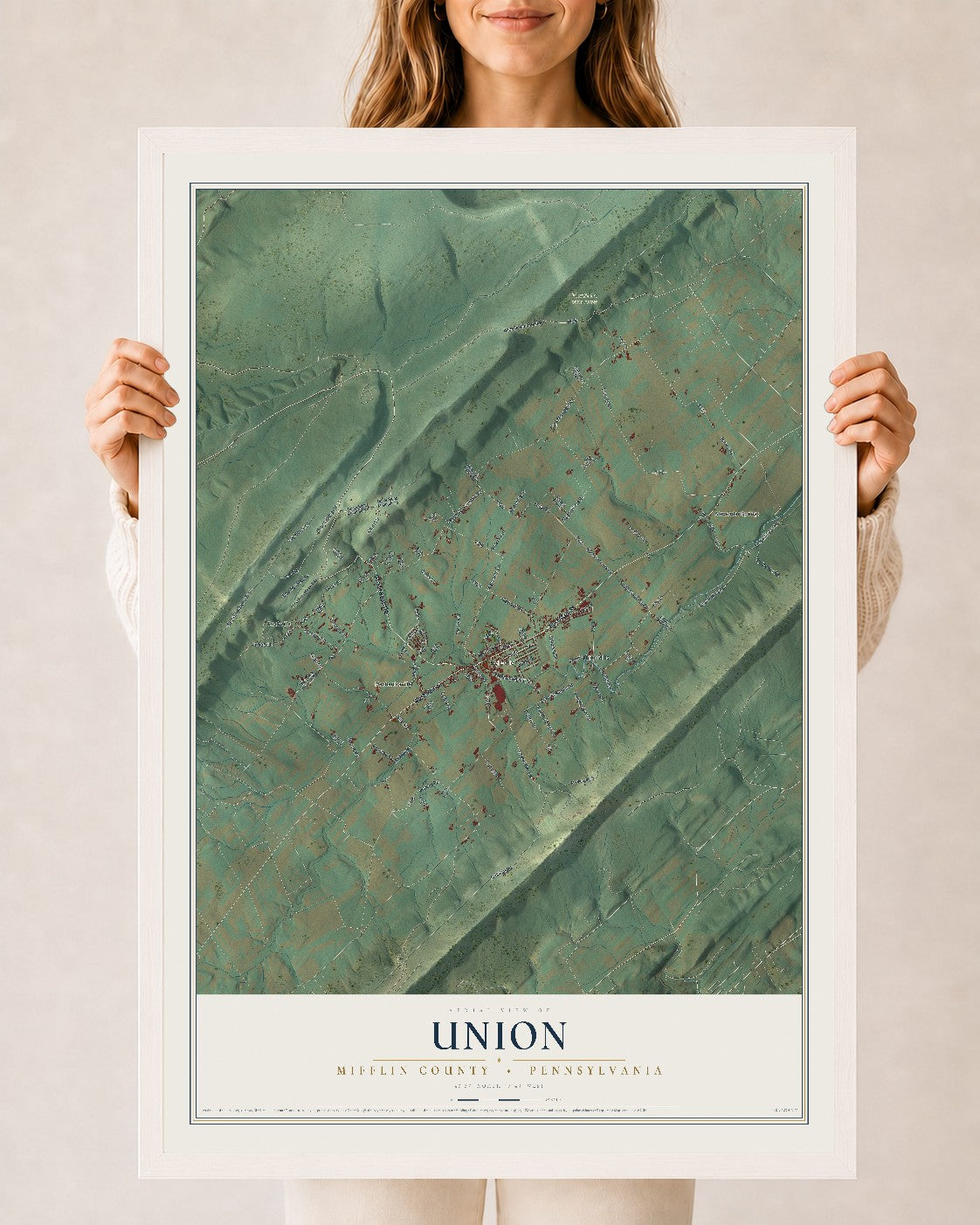 Map of Union, Mifflin County, Pennsylvania, 24 x 36 inch print in a white wood frame