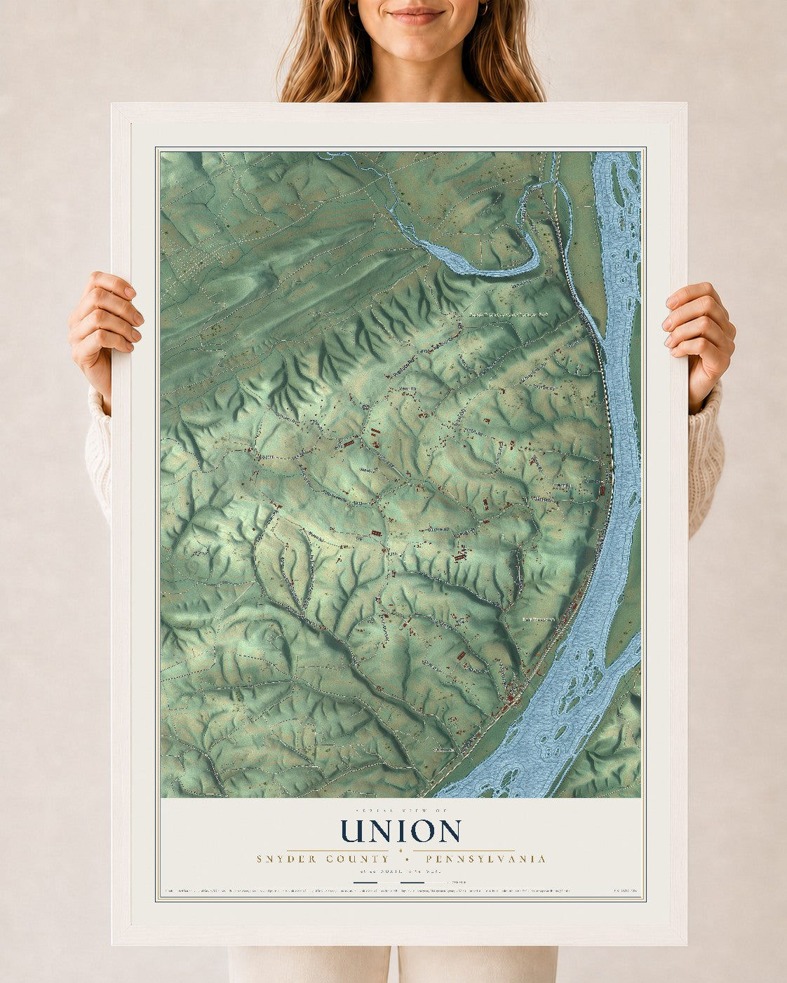 Map of Union, Snyder County, Pennsylvania, 24 x 36 inch print in a white wood frame