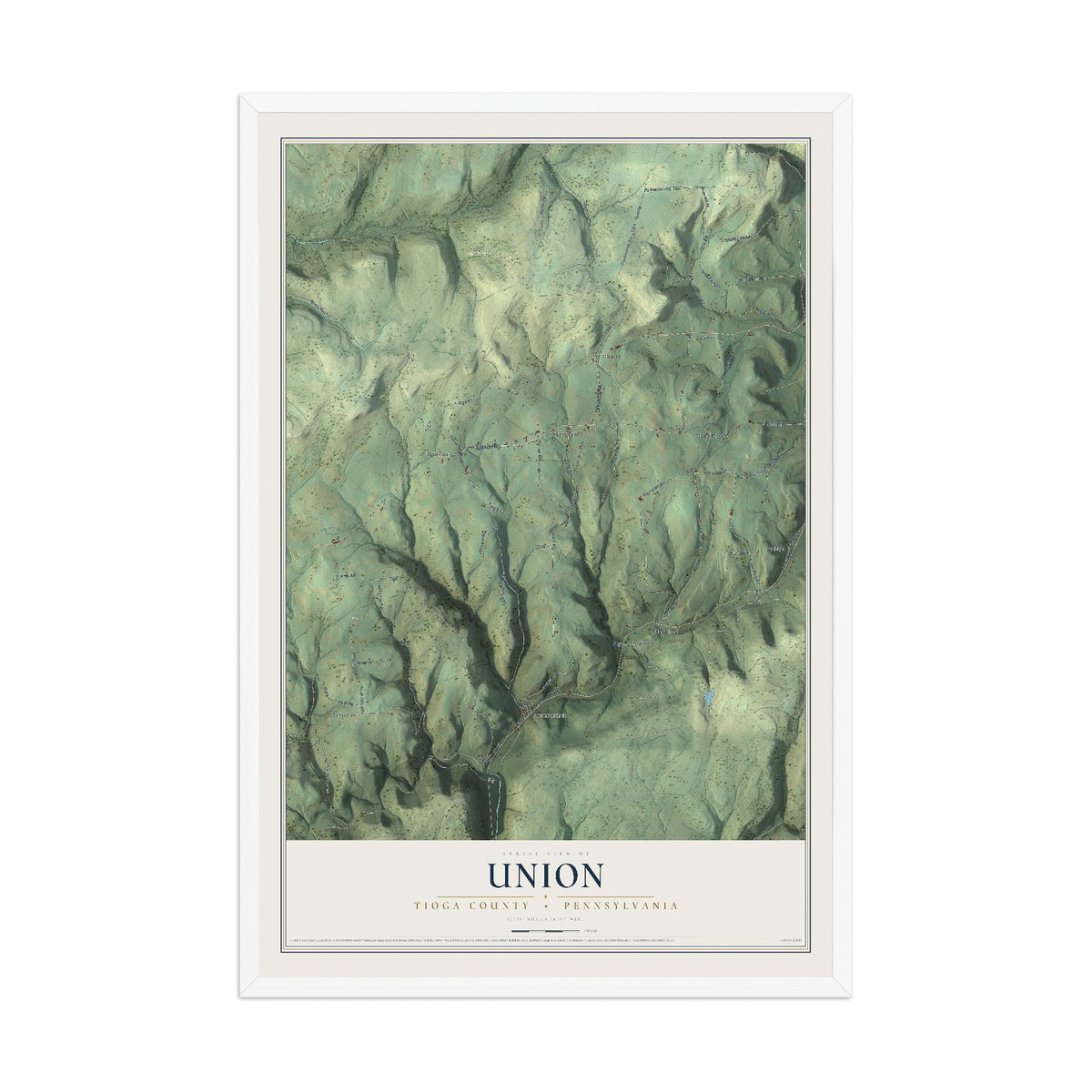 Map of Union, Tioga County, Pennsylvania, 12 x 18 inch print in a white wood frame