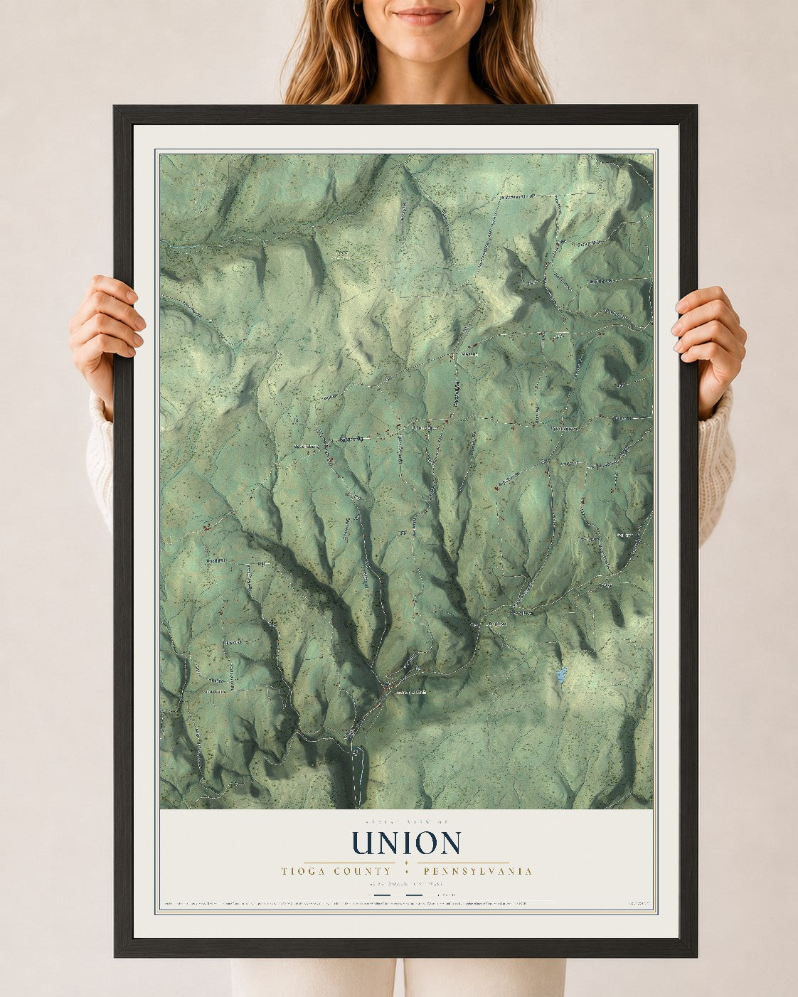 Map of Union, Tioga County, Pennsylvania, 24 x 36 inch print in a black wood frame