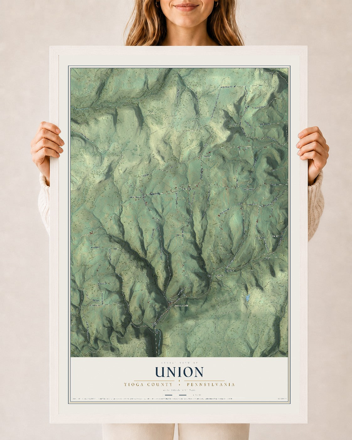 Map of Union, Tioga County, Pennsylvania, 24 x 36 inch print in a white wood frame
