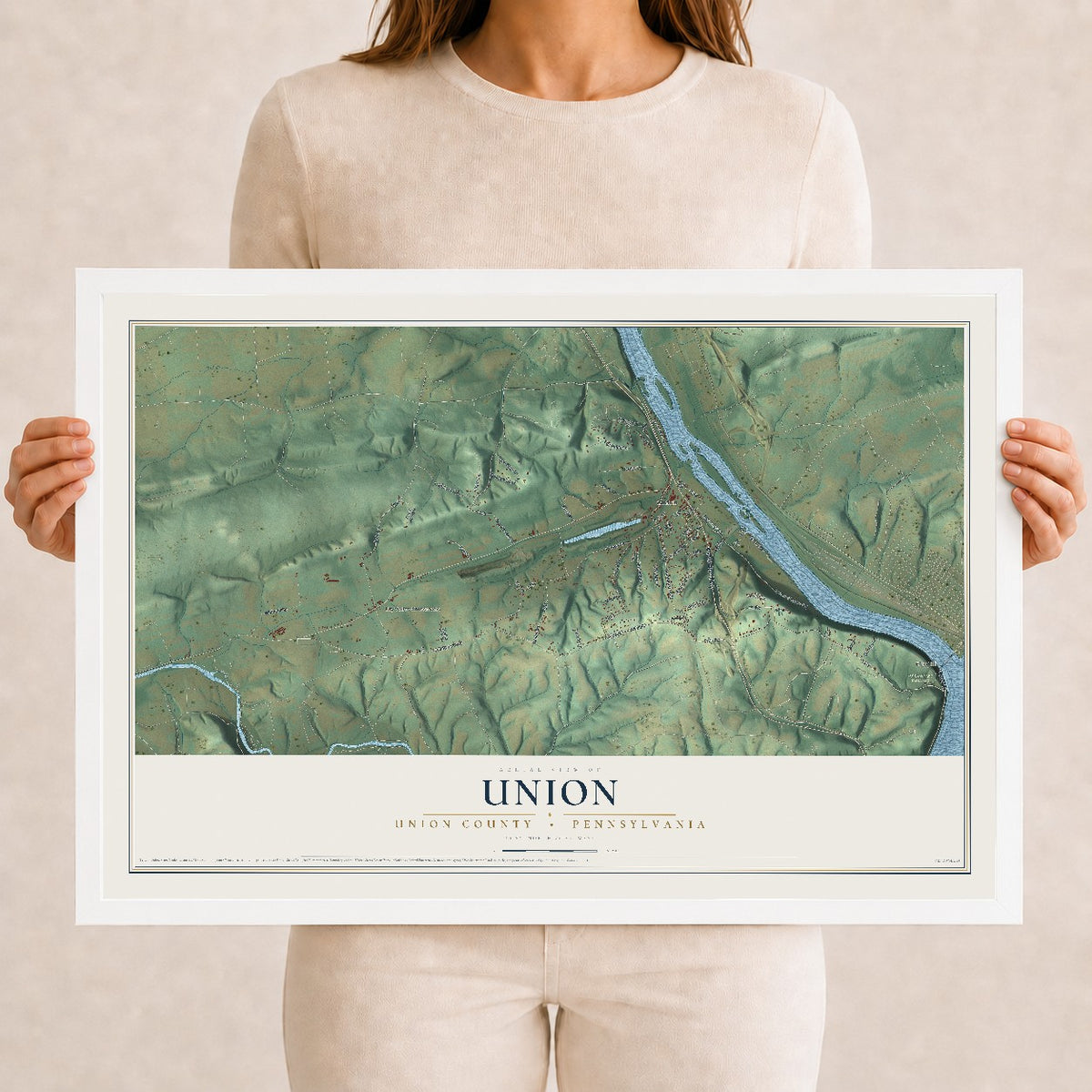 Map of Union, Union County, Pennsylvania, 12 x 18 inch print in a white wood frame