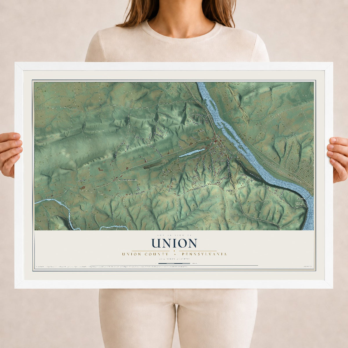 Map of Union, Union County, Pennsylvania, 18 x 24 inch print in a white wood frame