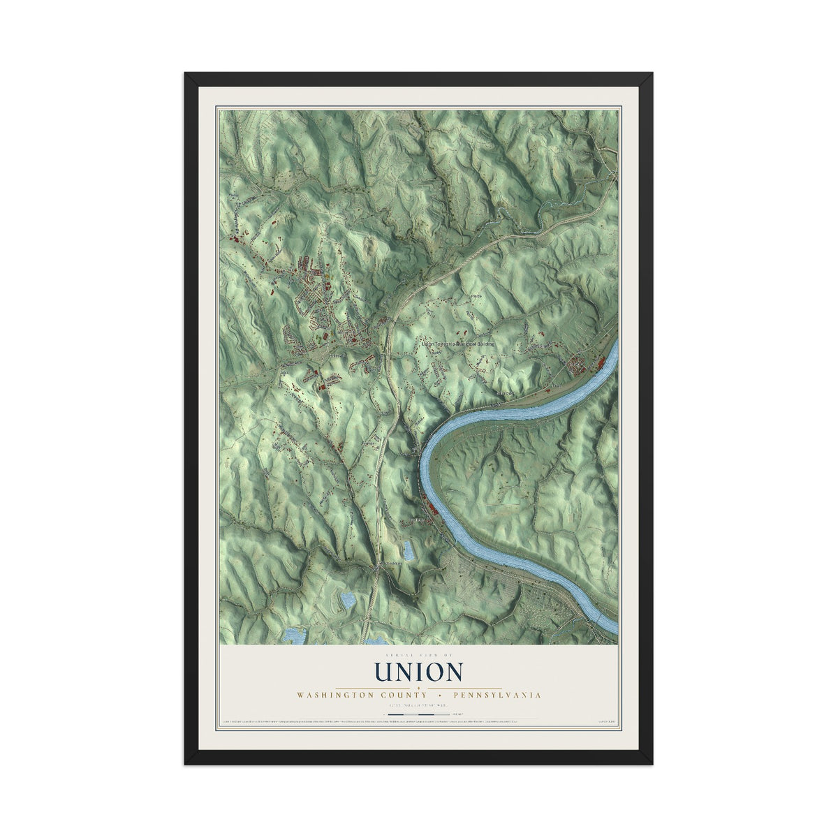 Map of Union, Washington County, Pennsylvania, 12 x 18 inch print in a black wood frame
