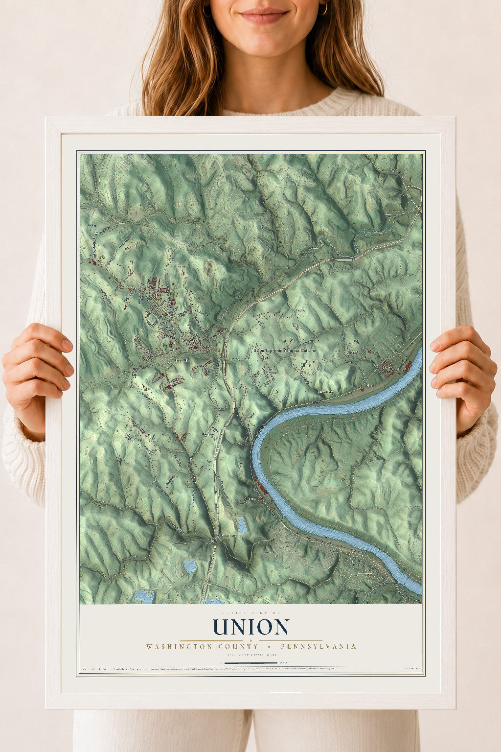 Map of Union, Washington County, Pennsylvania, 18 x 24 inch print in a white wood frame