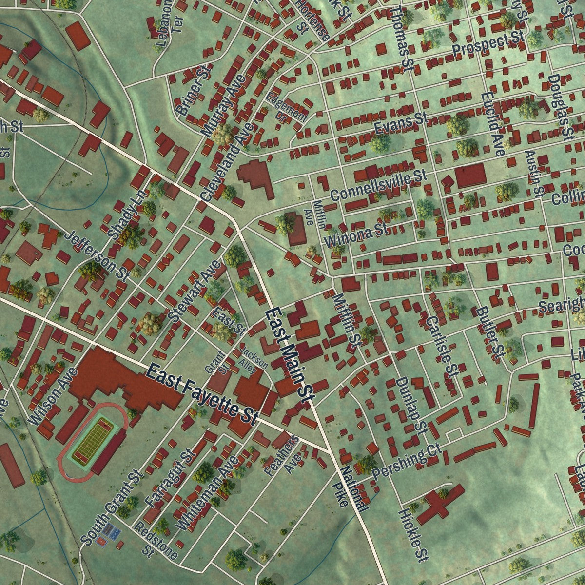 Close-up of the map of Uniontown, Pennsylvania print showing street and building detail