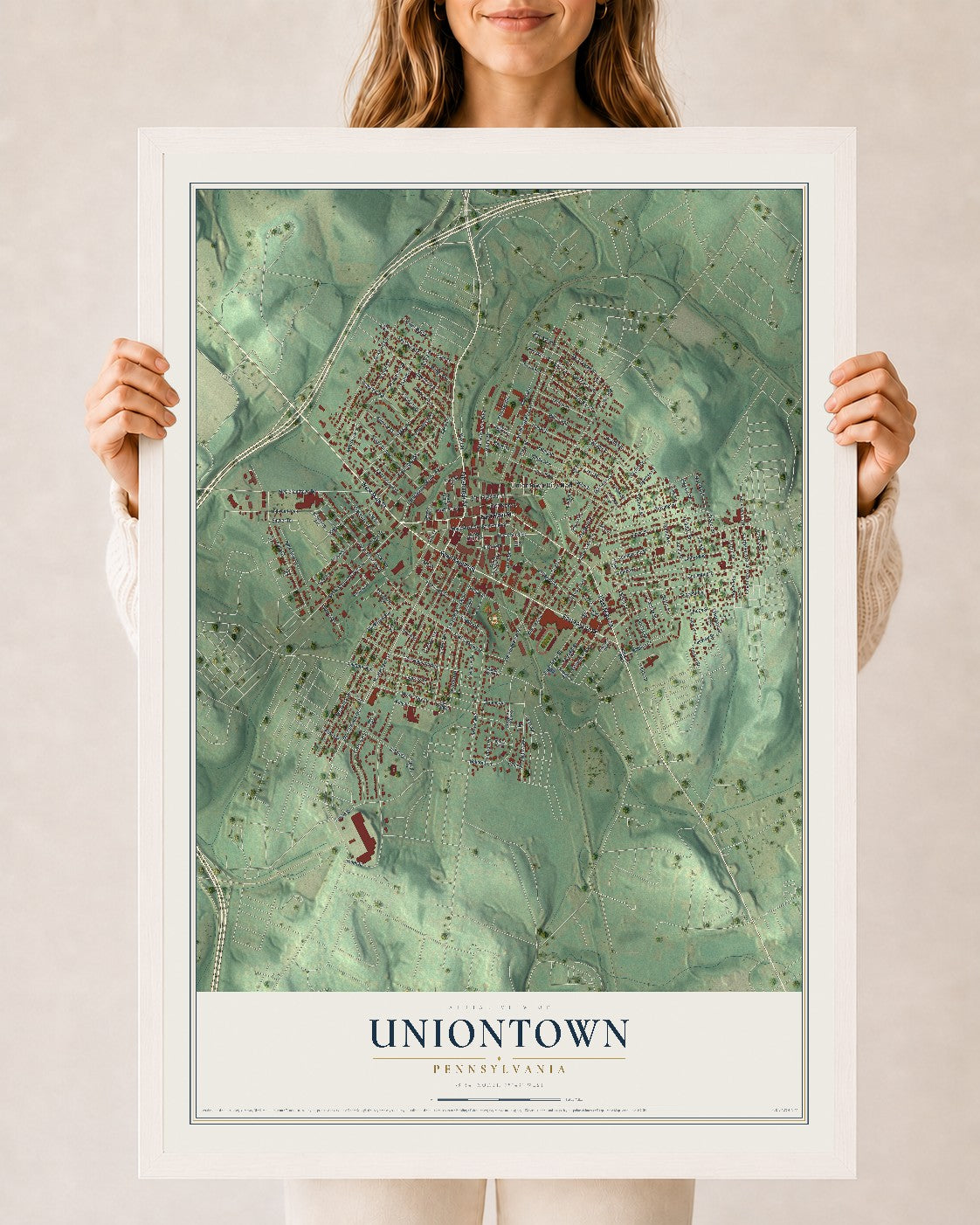 Map of Uniontown, Pennsylvania, 24 x 36 inch print in a white wood frame