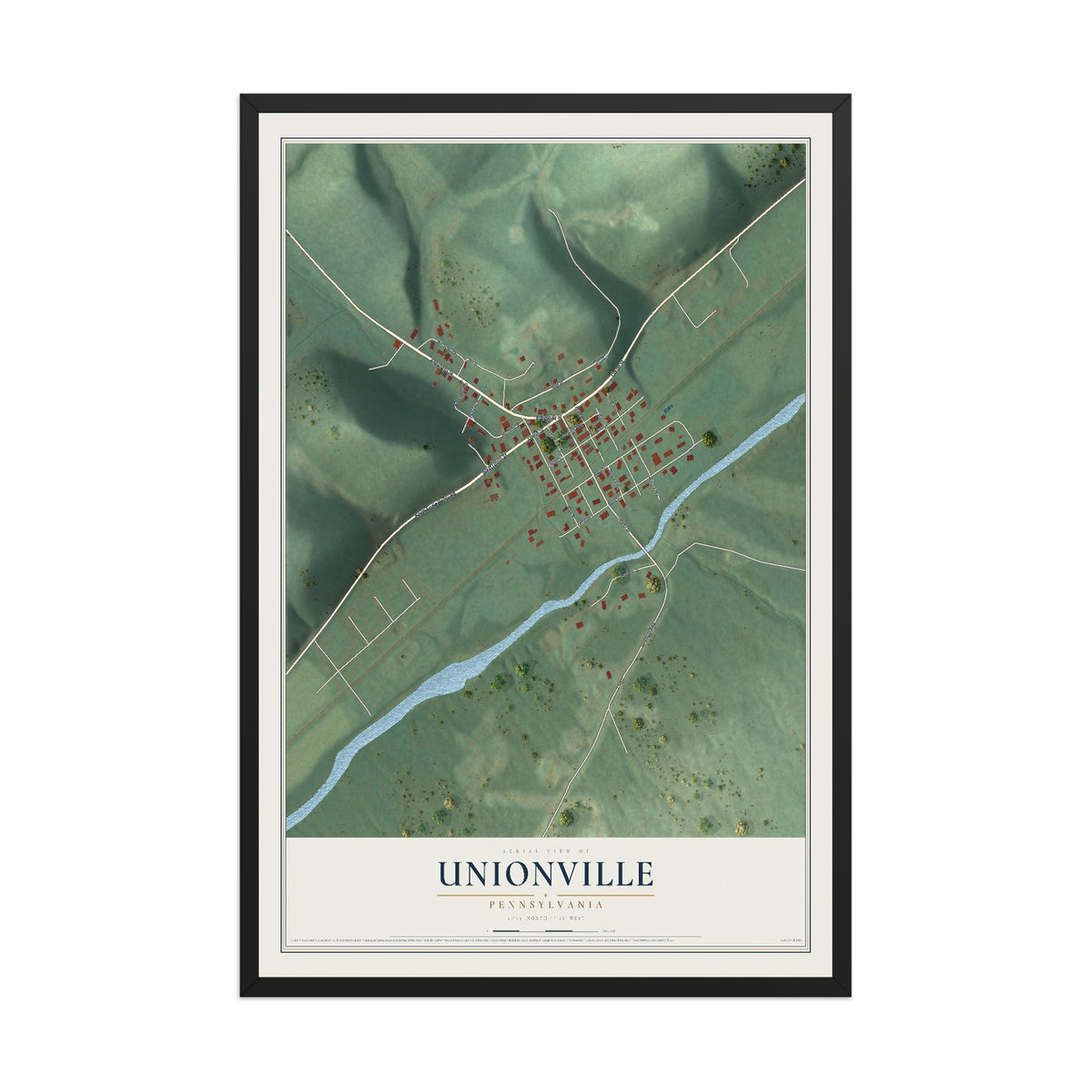 Map of Unionville, Pennsylvania, 12 x 18 inch print in a black wood frame
