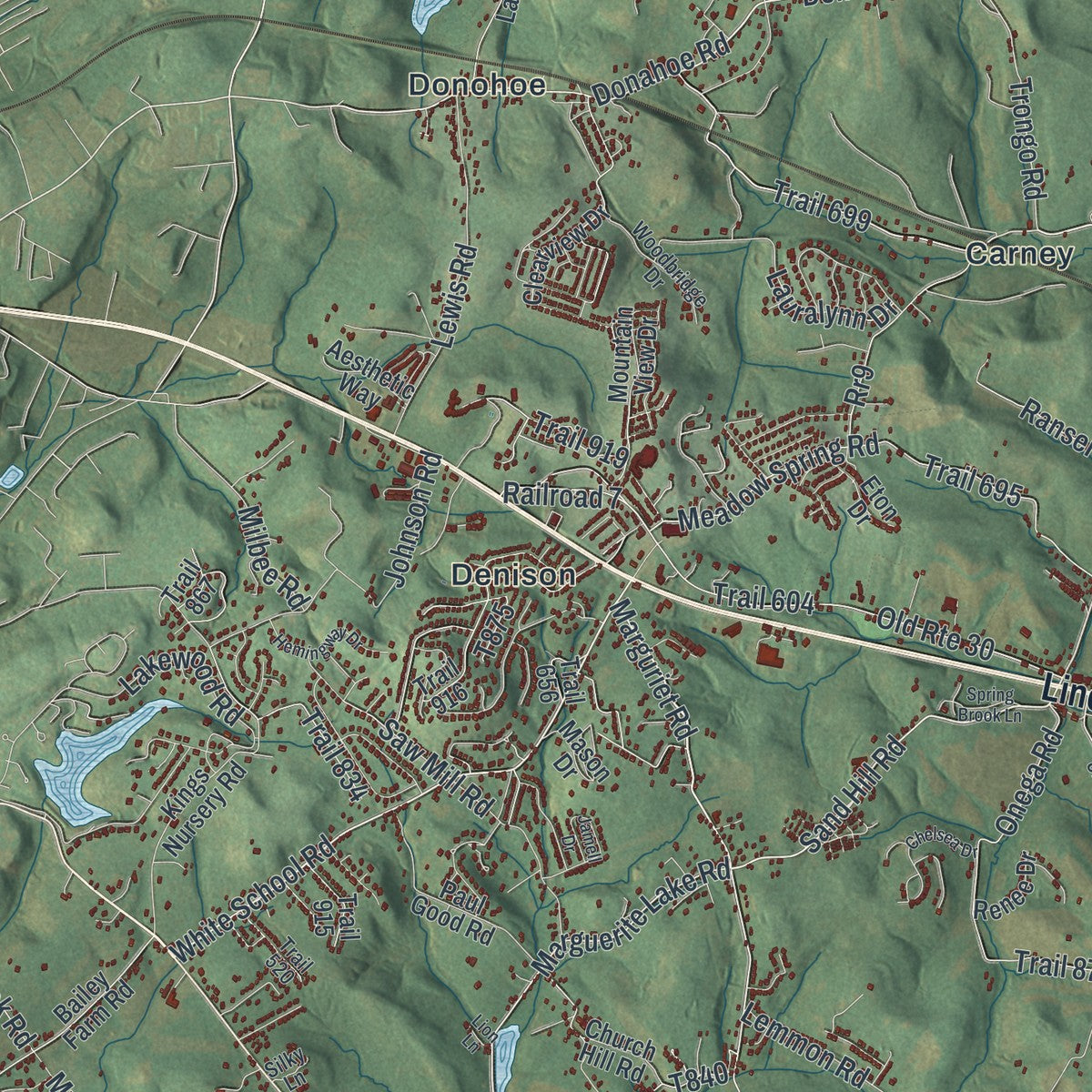 Close-up of the map of Unity, Pennsylvania print showing street and building detail
