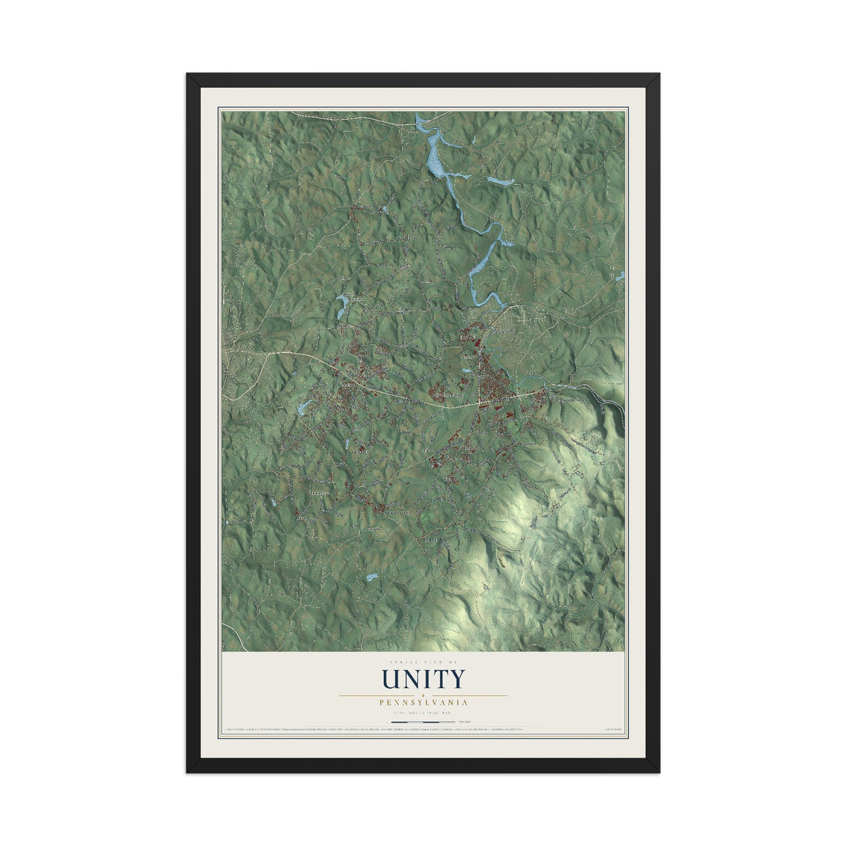 Map of Unity, Pennsylvania, 12 x 18 inch print in a black wood frame