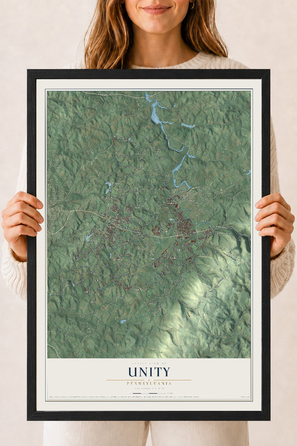 Map of Unity, Pennsylvania, 18 x 24 inch print in a black wood frame