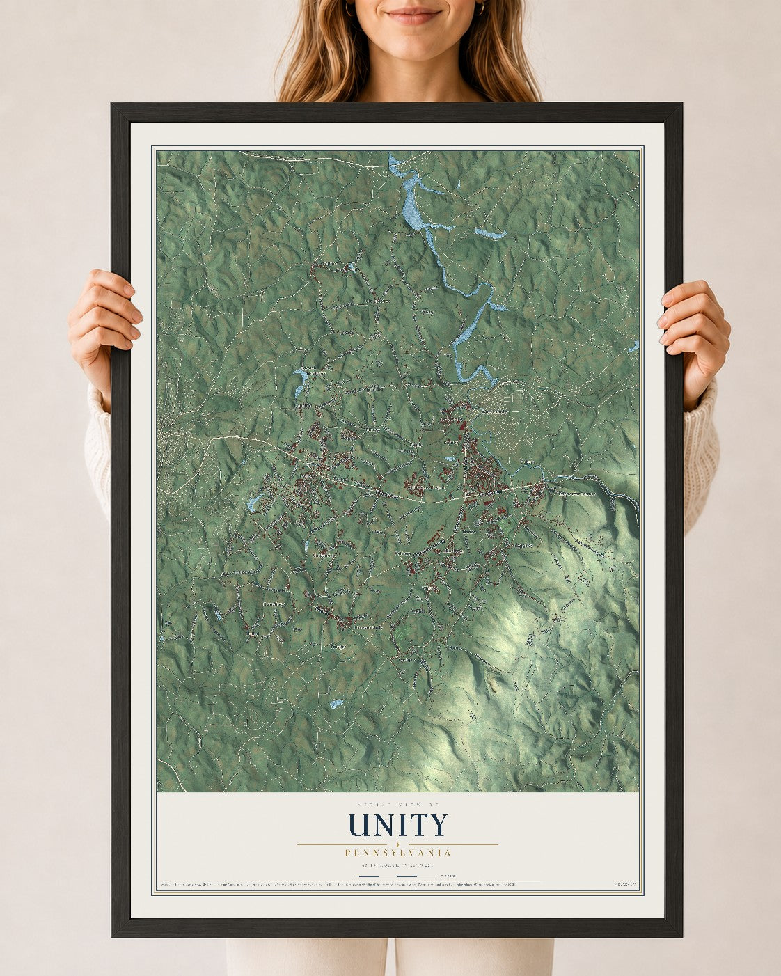 Map of Unity, Pennsylvania, 24 x 36 inch print in a black wood frame