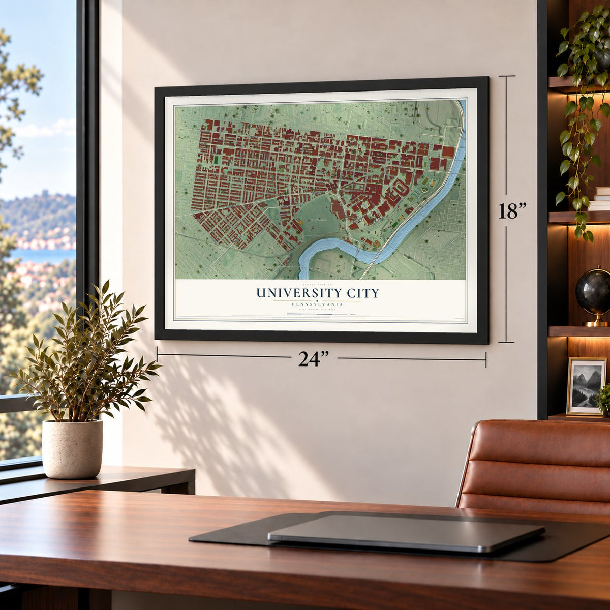 University City, Pennsylvania map, 18 x 24 inch print in a black frame in a home office