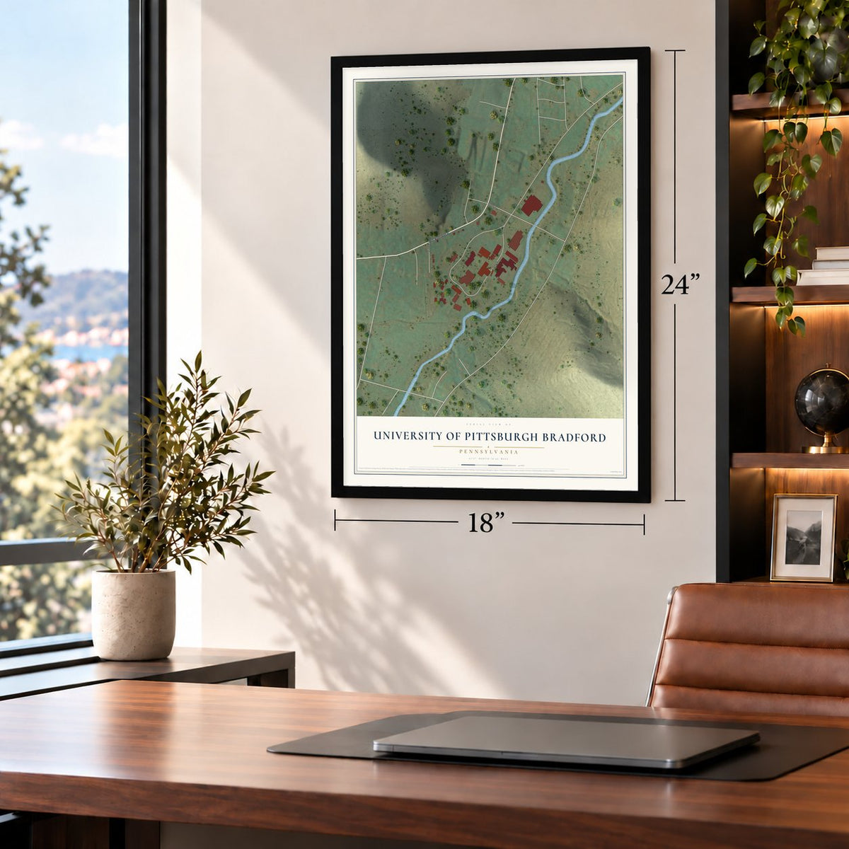 University of Pittsburgh Bradford, Pennsylvania map, 18 x 24 inch print in a black frame in a home office