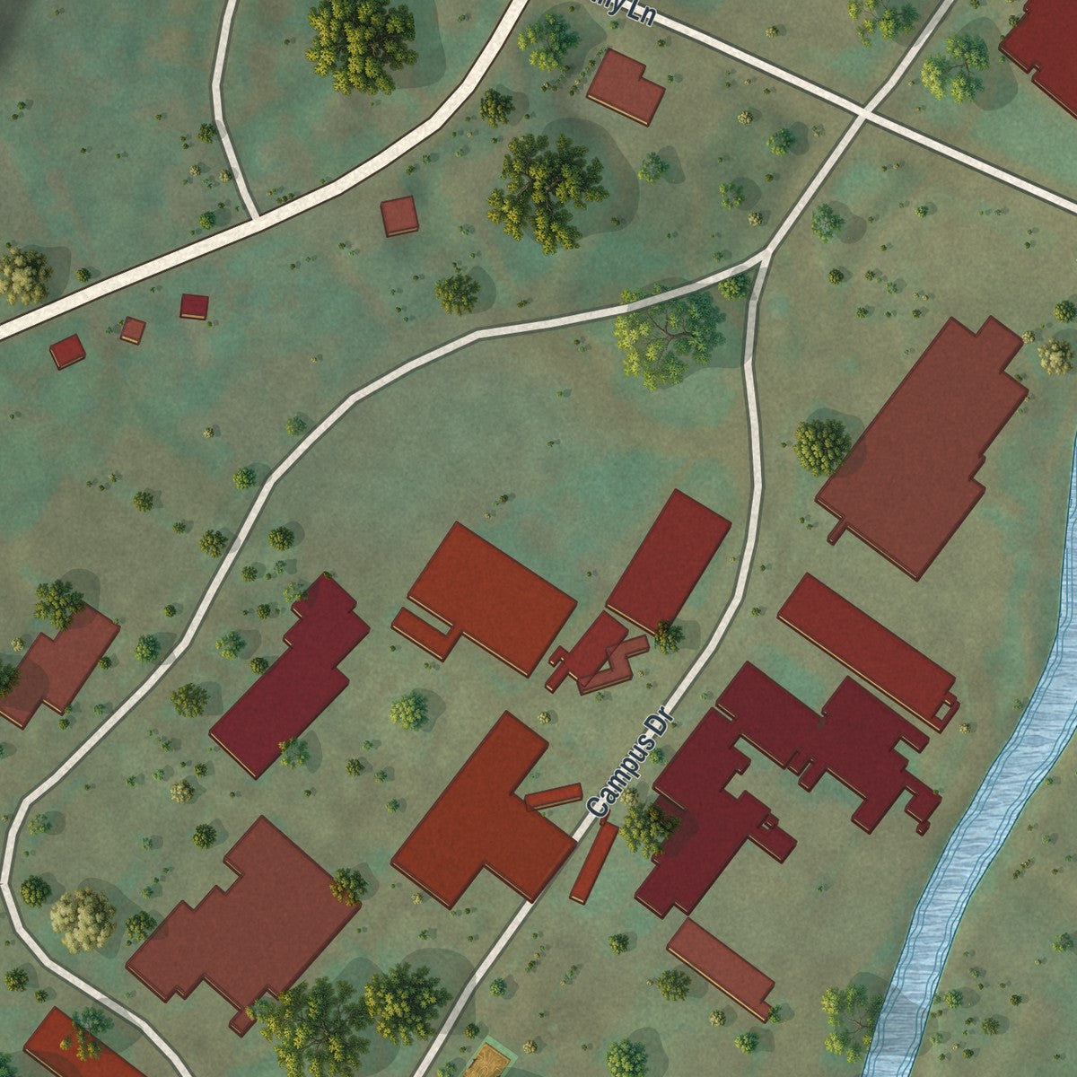 Close-up of the map of University of Pittsburgh Bradford, Pennsylvania print showing street and building detail