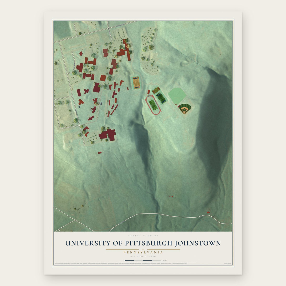 University of Pittsburgh Johnstown, Pennsylvania map print, the full design