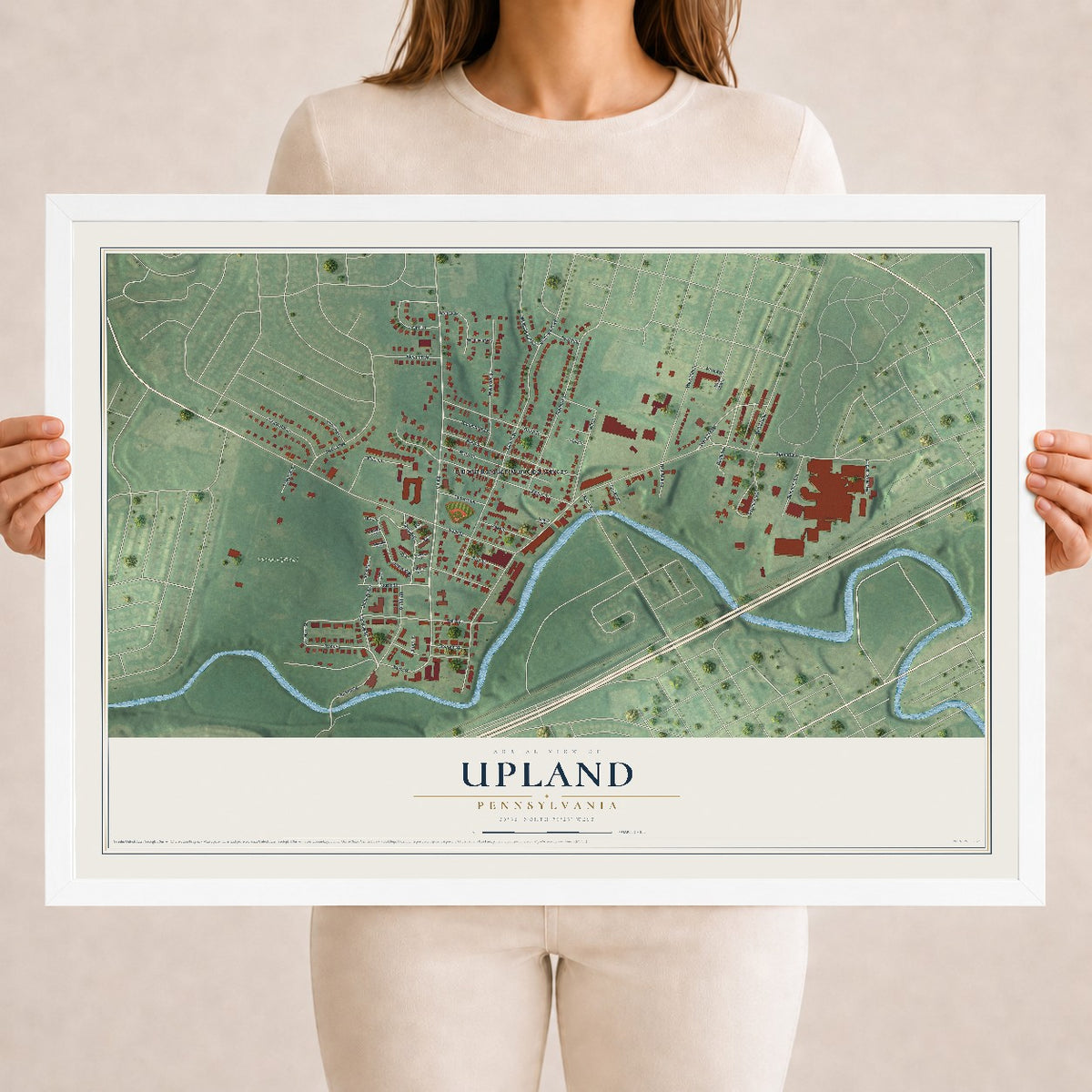 Map of Upland, Pennsylvania, 18 x 24 inch print in a white wood frame