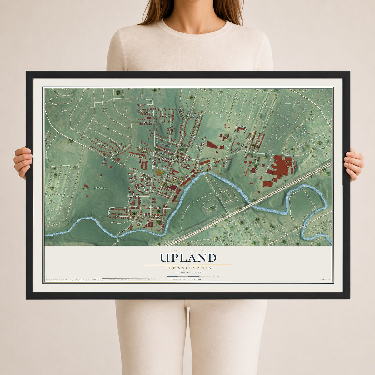 Map of Upland, Pennsylvania, 24 x 36 inch print in a black wood frame