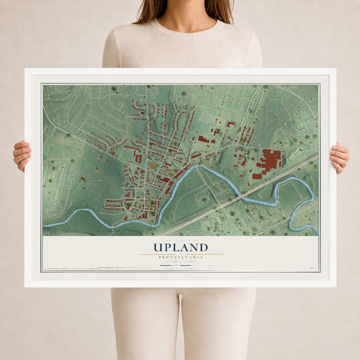 Map of Upland, Pennsylvania, 24 x 36 inch print in a white wood frame