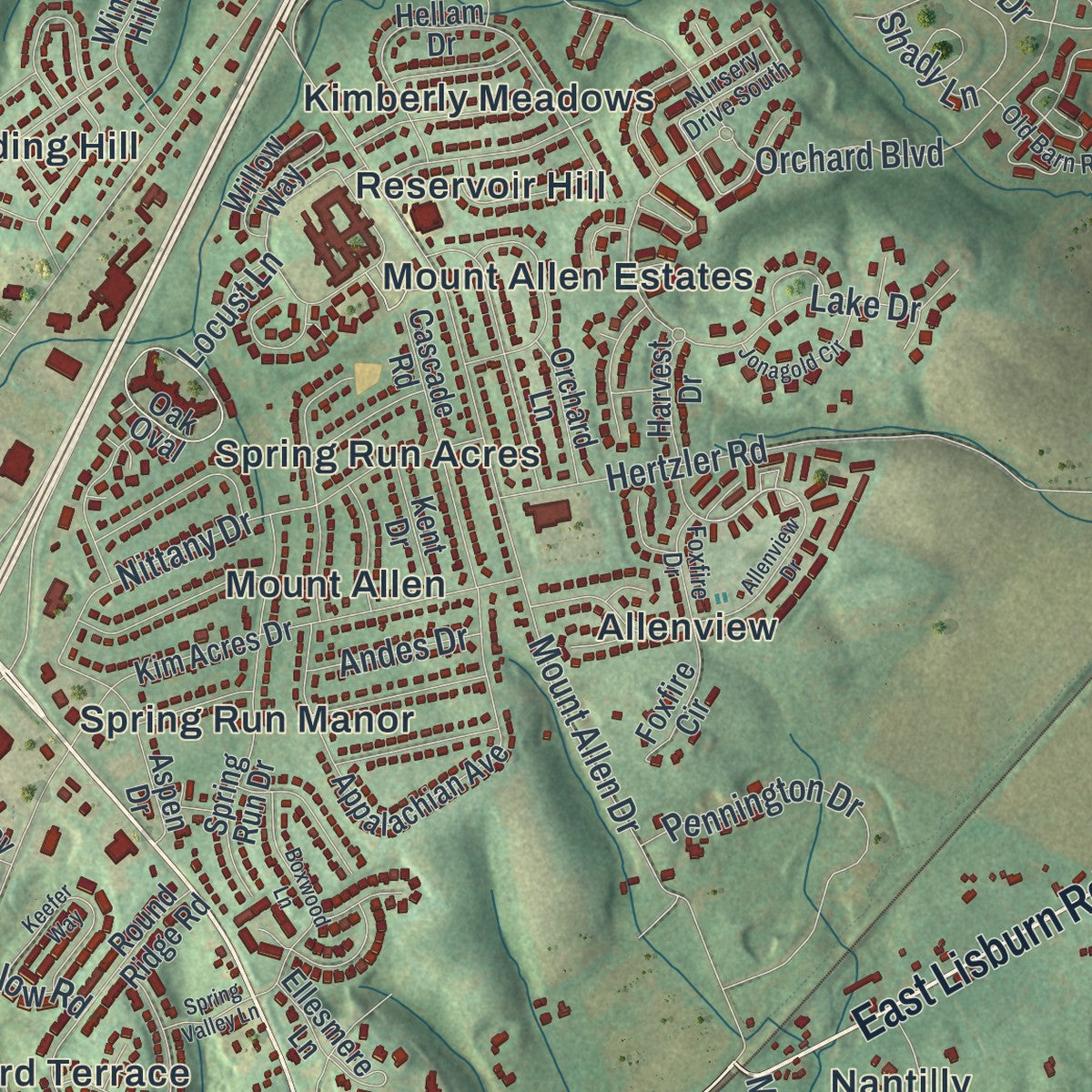 Close-up of the map of Upper Allen, Pennsylvania print showing street and building detail
